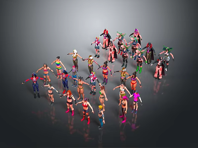 Group Of Game And Movie Characters In Colorful Assorted Outfits Standing Together 3d model