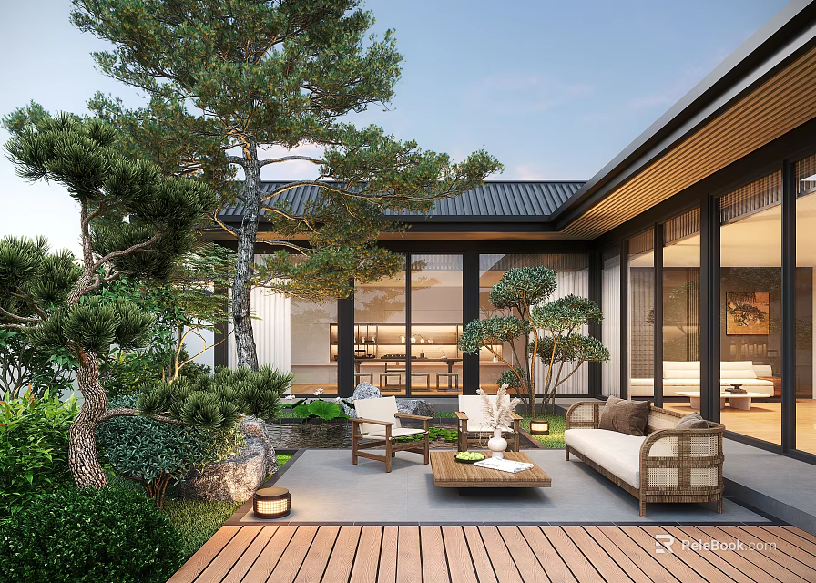 Modern Courtyard Garden Featuring Outdoor Seating Greenery Wooden Deck And Ambient Lighting 3d model 