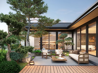 Modern Courtyard Garden Featuring Outdoor Seating Greenery Wooden Deck And Ambient Lighting 3d model