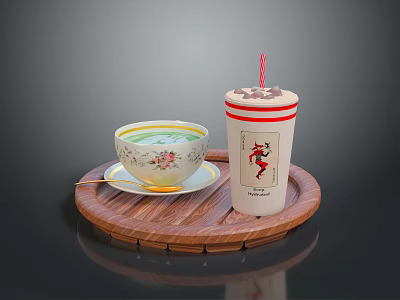 Wooden Tray Holding Drink with Straw and Patterned Teacup on Small Saucer 3d model
