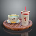 Wooden Tray Holding Drink with Straw and Patterned Teacup on Small Saucer