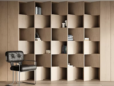 Modern Wooden Bookcase Interior Design With Modular Cubbies And Leather Chair 3d model