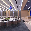 Modern Banquet Hall Setup With Round Tables Comfortable Chairs Marble Tabletops And Large Screen