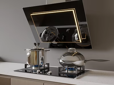 Modern Kitchen Setup With Black Range Hood Gas Stove And Stainless Steel Pots On Countertop 3d model