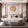 Modern Elegant Bedroom Interior With Upholstered Headboard Multiple Pillows And Circular Mirrors 3d model