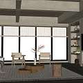 Living Room Interior Design With Wooden Ceiling Large Windows Trees Outside And Fireplace
