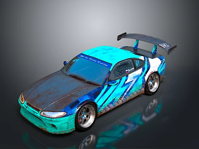 Blue And Teal Race Car With Graffiti Design Rear Spoiler Silver Wheels And Matte Finish 3d model
