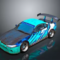 Blue And Teal Race Car With Graffiti Design Rear Spoiler Silver Wheels And Matte Finish