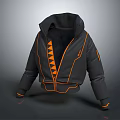 Stylish Black Hooded Jacket With Orange Triangular Patterns And Padded Design 3d model