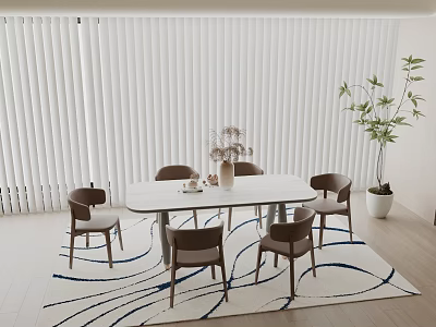 Modern Dining Room Interior With White Table Brown Chairs Blue Patterned Rug Green Plant 3d model