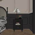 Elegant Bedroom Interior With Wicker Headboard Black Nightstand Table Lamp Vase And Paneled Walls