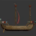 Ancient Wooden Sailing Ship Model with Red and White Striped Sail Decorative Flags and Towers