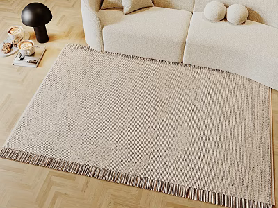 Beige Woven Square Rug With Fringe On Herringbone Wood Floor 3d model