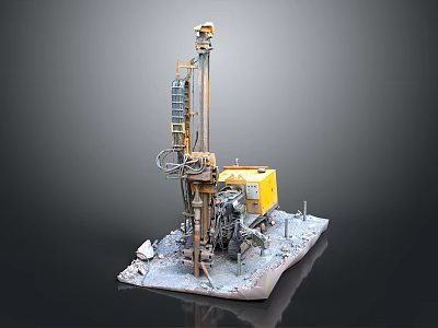 Industrial Yellow Drilling Machine With Tall Drill Tower And Gravel Covered Base 3d model
