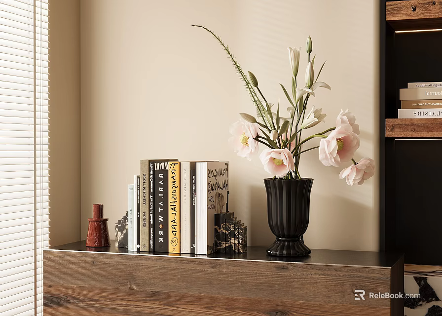 Decorative Accessories Set With Books Black Vase Pink White Flowers On Wooden Console Table 3d model 