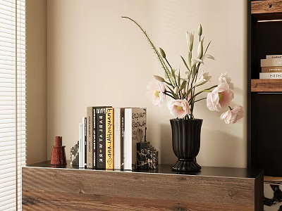 Decorative Accessories Set With Books Black Vase Pink White Flowers On Wooden Console Table 3d model
