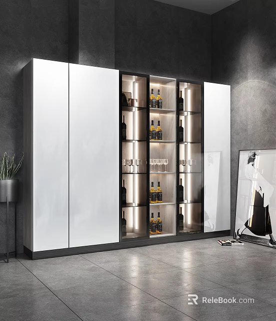 Modern Wine Cabinet With Glass Doors LED Lighting And Layered Wine Bottle Shelves 3d model 