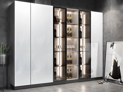 Modern Wine Cabinet With Glass Doors LED Lighting And Layered Wine Bottle Shelves 3d model
