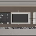 Modern TV Background Wall Design with Wooden Panels Glass Cabinets and Marble Platform