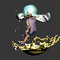 Cartoon Character With Teal Hair Purple Glasses Standing On Yellow Liquid Splash In Dynamic Pose