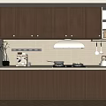 Modern Kitchen Interior With Brown Cabinets Range Hood White Refrigerator And Coffee Machine