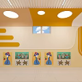Bright School Interior With Yellow Ceiling Round Lights And Wall Display Frames 3d model