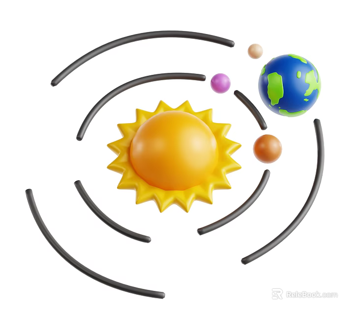 Decorative Ornament Set With Sun Design Black Orbits And Colorful Planets 3d model 