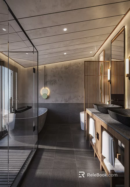 Modern Bathroom Interior Design With Glass Shower Bathtub Gray Walls Wooden Vanity And Double Sinks 3d model 