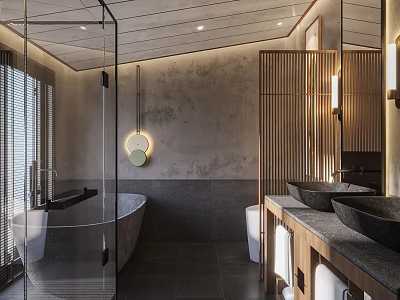 Modern Bathroom Interior Design With Glass Shower Bathtub Gray Walls Wooden Vanity And Double Sinks 3d model