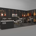 Guitar Exhibition Booth With Wall Mounted Guitars Amplifiers Chairs And Tables