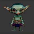 Game Movie Character With Teal Skin Pointed Ears Big Eyes Colorful Belt And Fringed Skirt