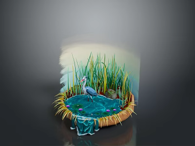 Blue Heron Standing In Pond With Green Reeds And Purple Water Lilies 3d model