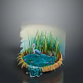 Blue Heron Standing In Pond With Green Reeds And Purple Water Lilies