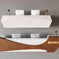Modern Reception Desk Design With Marble Countertop Wooden Panels Computer Monitors And Small Plants