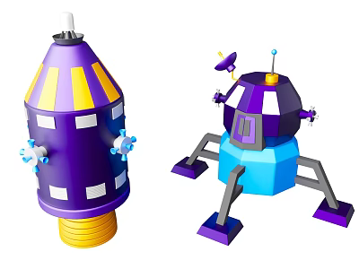 Purple Yellow Rocket and Blue Purple Robot Toy Models with Geometric Shapes and Antennas 3d model