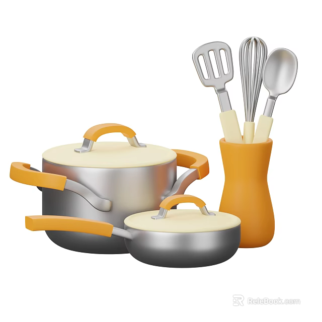 Stainless Steel Pots And Pans Set With Orange Handles And Kitchen Utensils 3d model 