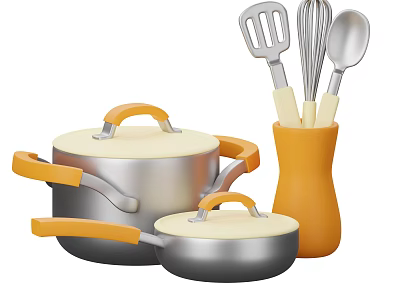 Stainless Steel Pots And Pans Set With Orange Handles And Kitchen Utensils 3d model