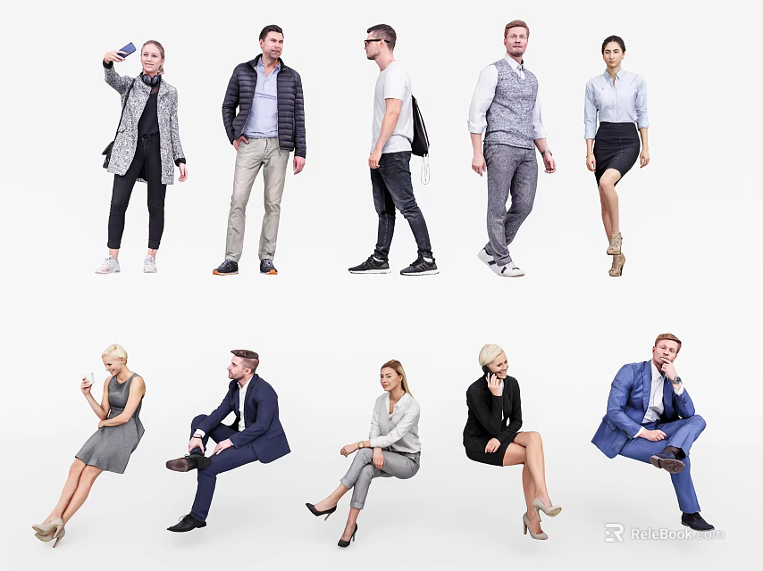 Multiple Male Figures In Different Standing And Sitting Poses With Various Clothing Styles 3d model 