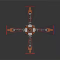 3D Orange Mechanical Cross Structure With Red Blue Arms And Reflective Surface 3d model