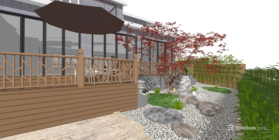 Courtyard Garden Featuring Wooden Deck Red Maple Tree Umbrella Stones And Green Plants 3d model 