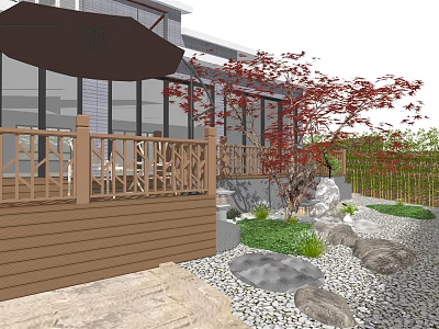 Courtyard Garden Featuring Wooden Deck Red Maple Tree Umbrella Stones And Green Plants 3d model