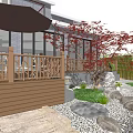 Courtyard Garden Featuring Wooden Deck Red Maple Tree Umbrella Stones And Green Plants