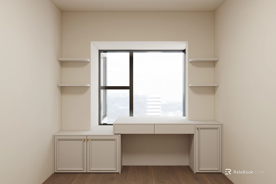 Minimalist Room Interior With Window Desk Shelves And Wooden Cabinets City View 3d model 