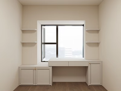 Minimalist Room Interior With Window Desk Shelves And Wooden Cabinets City View 3d model