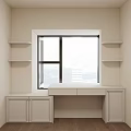 Minimalist Room Interior With Window Desk Shelves And Wooden Cabinets City View