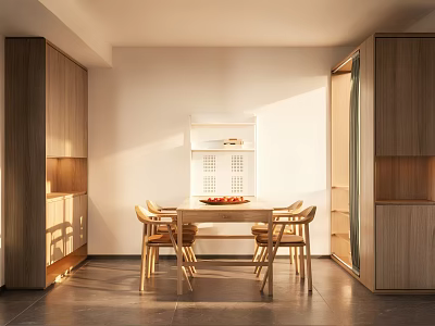Modern Restaurant Interior With Wooden Dining Table Chairs And Natural Light 3d model