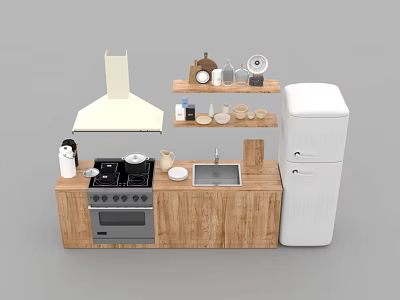 Wooden Kitchen Cabinets With Stove Range Hood Sink Shelf Dishes And Refrigerator 3d model