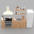 Wooden Kitchen Cabinets With Stove Range Hood Sink Shelf Dishes And Refrigerator