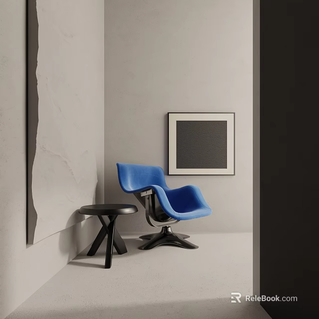 Modern Blue Leisure Chair With Black Small Round Table In Minimalist Gray Wall Interior 3d model 