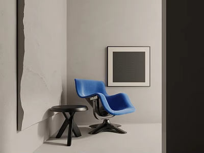 Modern Blue Leisure Chair With Black Small Round Table In Minimalist Gray Wall Interior 3d model